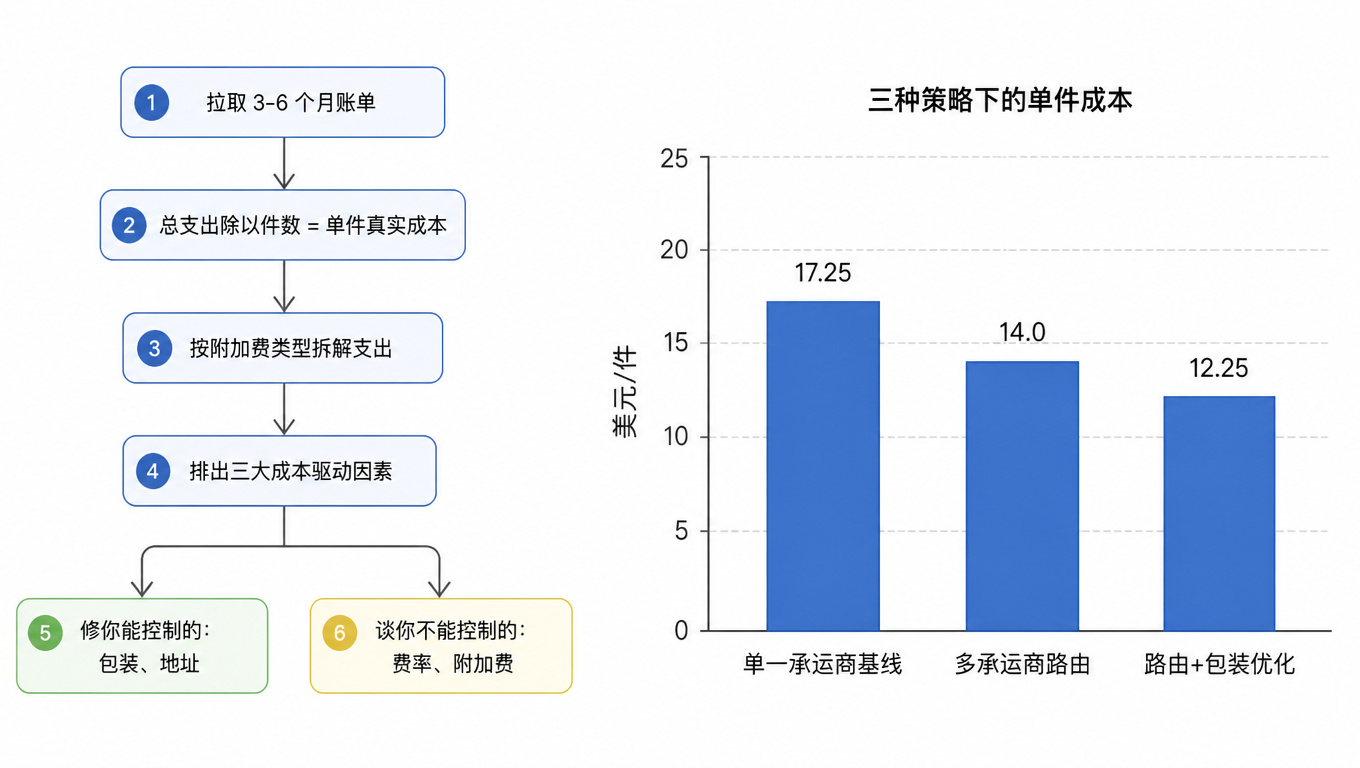 路由决策树:1 磅以下走 USPS 轻小件;Zone 1-3 且 5 磅以下走区域承运商;偏远邮编走 USPS 覆盖;其余走 UPS 或 FedEx Ground
