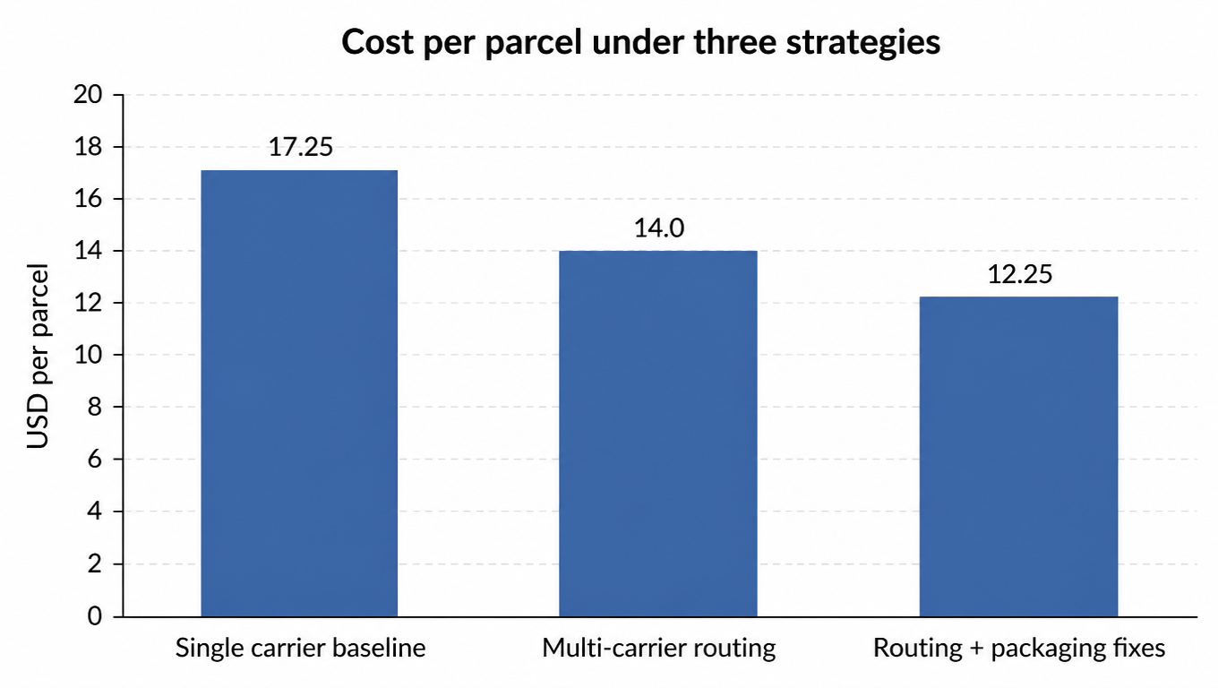 Bar chart: cost per parcel under three strategies, single carrier baseline 17.25, multi-carrier routing 14.0, routing plus packaging fixes 12.25