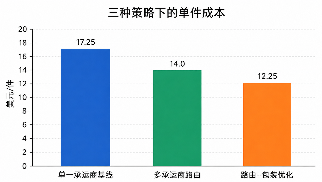 柱状图:三种策略下的单件成本,单一承运商基线 17.25 美元、多承运商路由 14 美元、路由加包装优化 12.25 美元