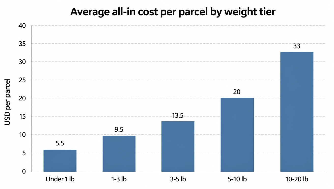 Bar chart: average all-in cost per parcel by weight tier, under 1 lb 5.5, 1-3 lb 9.5, 3-5 lb 13.5, 5-10 lb 20, 10-20 lb 33