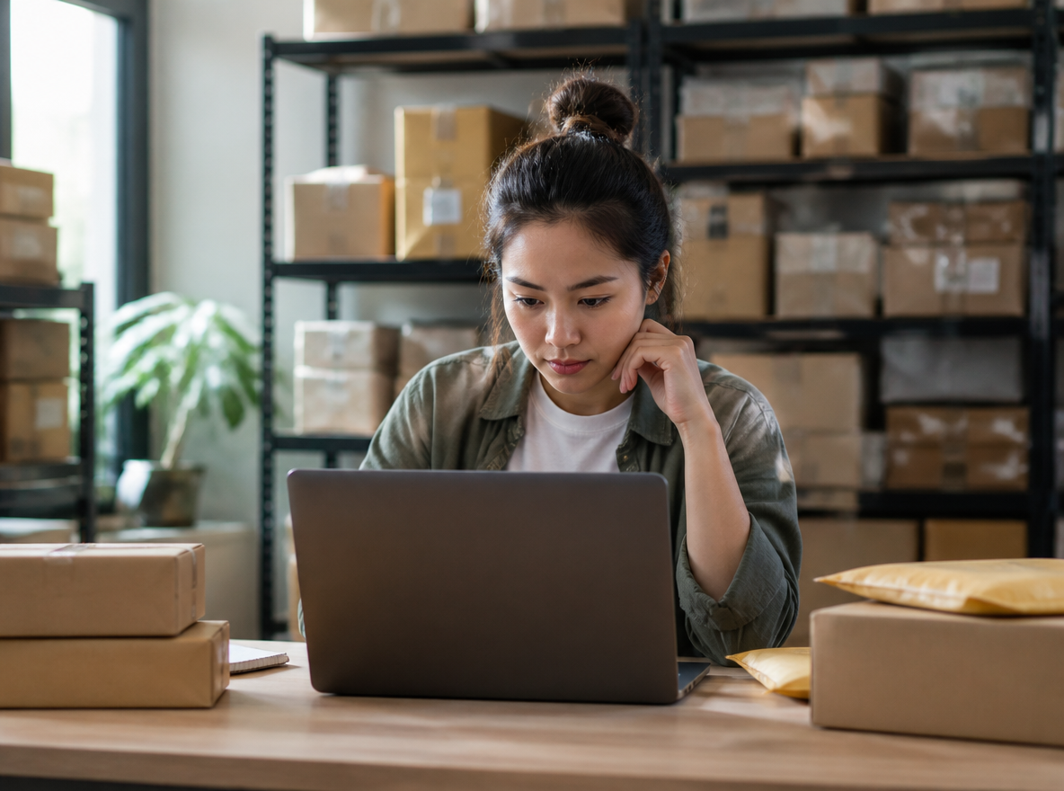 A merchant at a desk reviewing shipping label options on a laptop in a small warehouse, shelves of packed parcels behind them, soft daylight