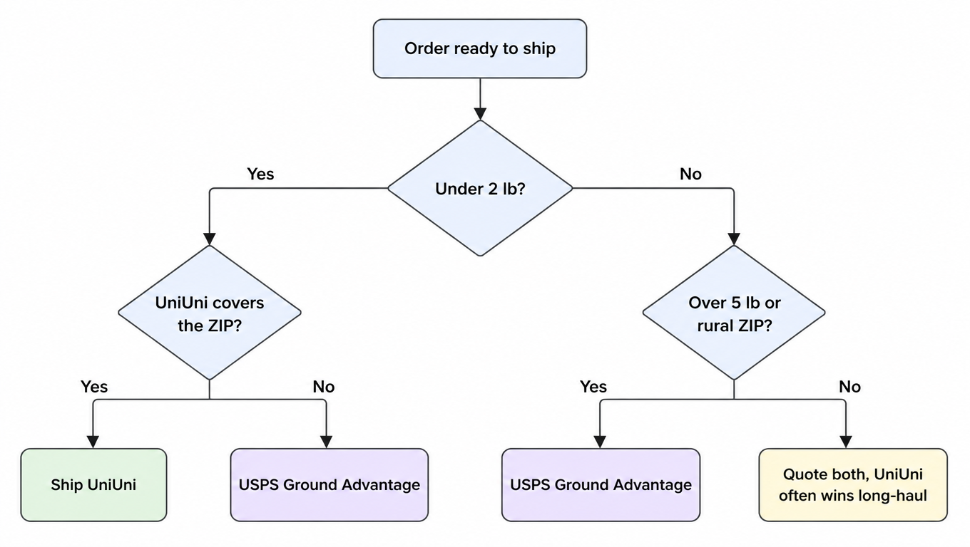 Shipping decision flow: under 2 lb and ZIP covered ships UniUni, otherwise USPS; over 5 lb or rural ZIP ships USPS; 2 to 5 lb metro quotes both