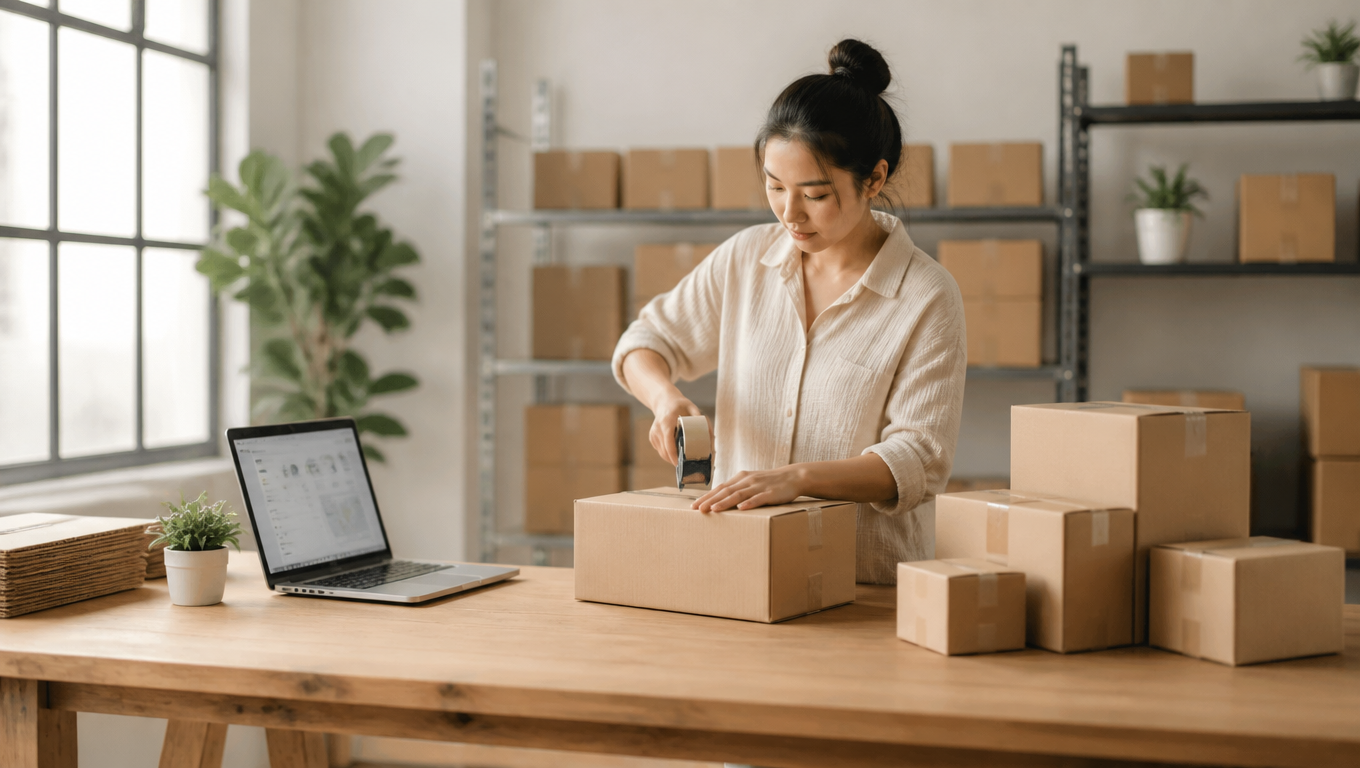 A small-business owner packing cardboard shipping boxes at a wooden table in a bright warehouse, a laptop showing a shipping dashboard beside the stack of boxes