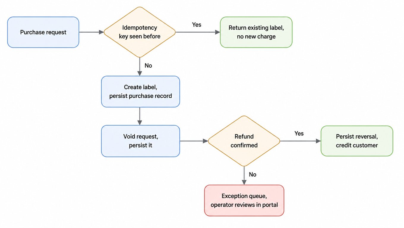 Label purchase flow checks idempotency, records purchases and void requests, and reconciles confirmed refunds or exceptions.