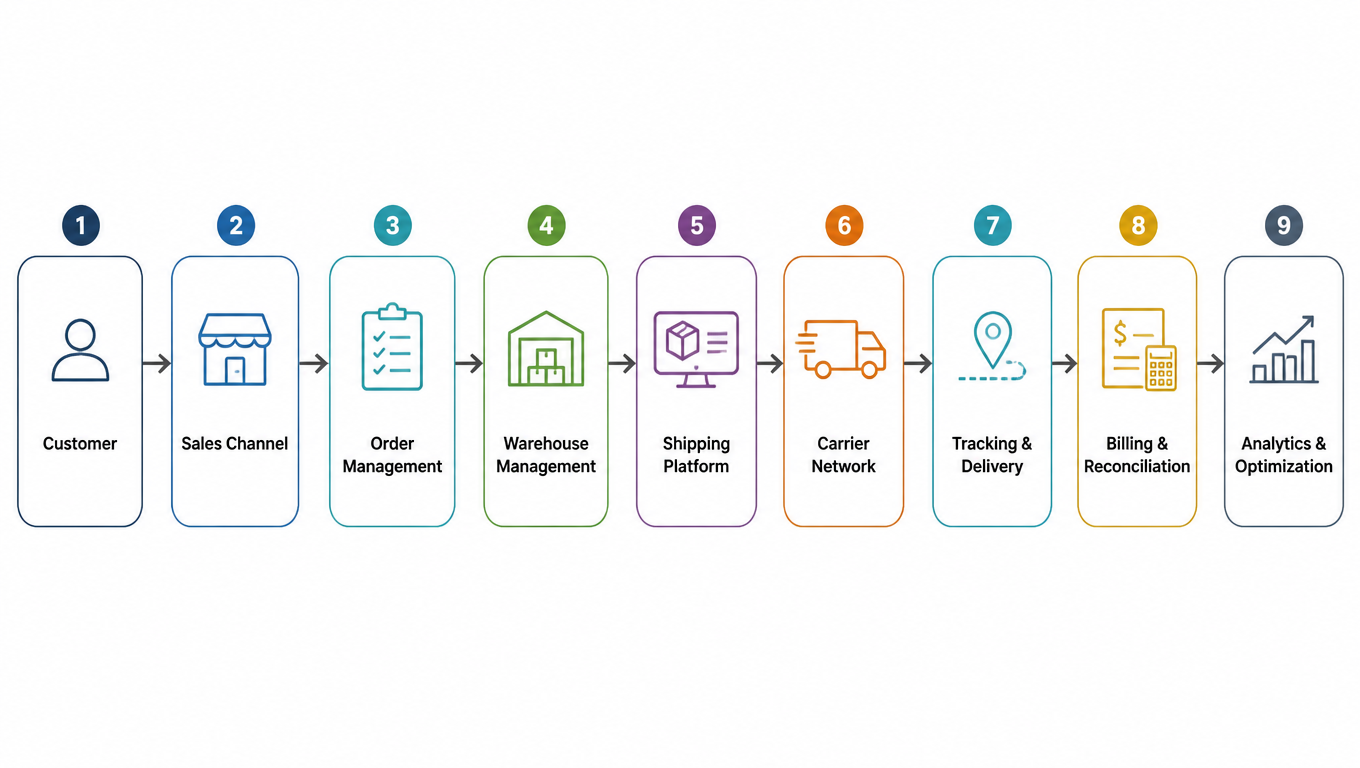 Flow: customer, sales channel, order management, warehouse management, shipping platform, carrier network, tracking and delivery, billing and reconciliation, analytics and optimization