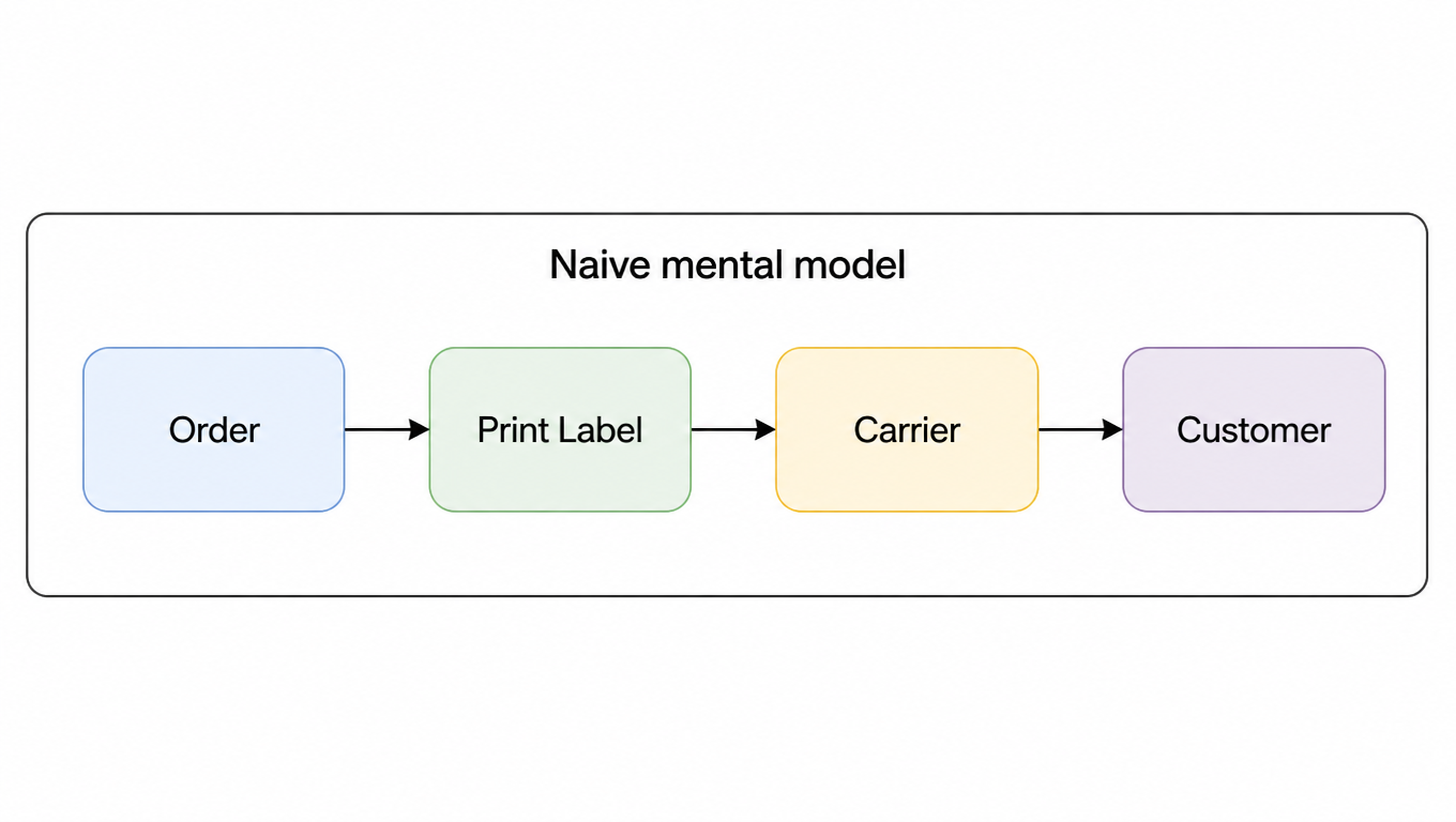 Flow: the naive mental model, order to print label to carrier to customer