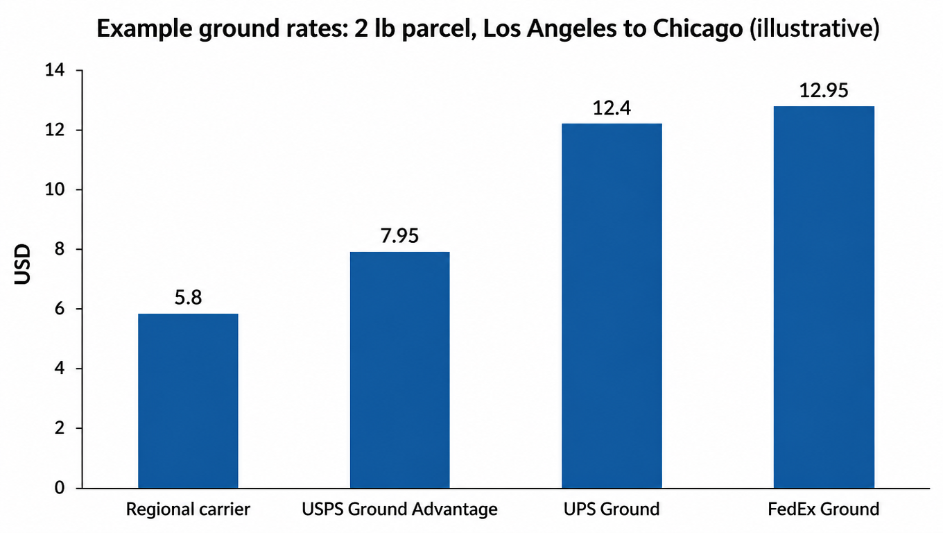 Bar chart of example ground rates for a 2 lb parcel from Los Angeles to Chicago: regional carrier 5.8, USPS Ground Advantage 7.95, UPS Ground 12.4, FedEx Ground 12.95 USD