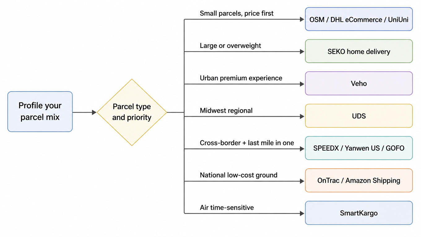 Selection flowchart: profile your parcel mix, then route by parcel type and priority to OSM/DHL eCommerce/UniUni, SEKO, Veho, UDS, SPEEDX/Yanwen/GOFO, OnTrac/Amazon Shipping, or SmartKargo