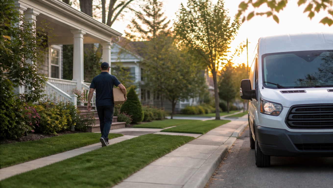 A white delivery van parked on a suburban US street in the evening, driver carrying a parcel to the doorstep