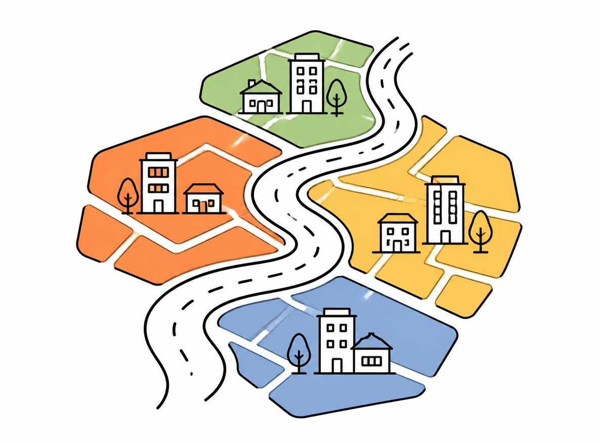 A winding road crossing several city-block color blocks, symbolizing multi-network last-mile combination, flat minimal illustration
