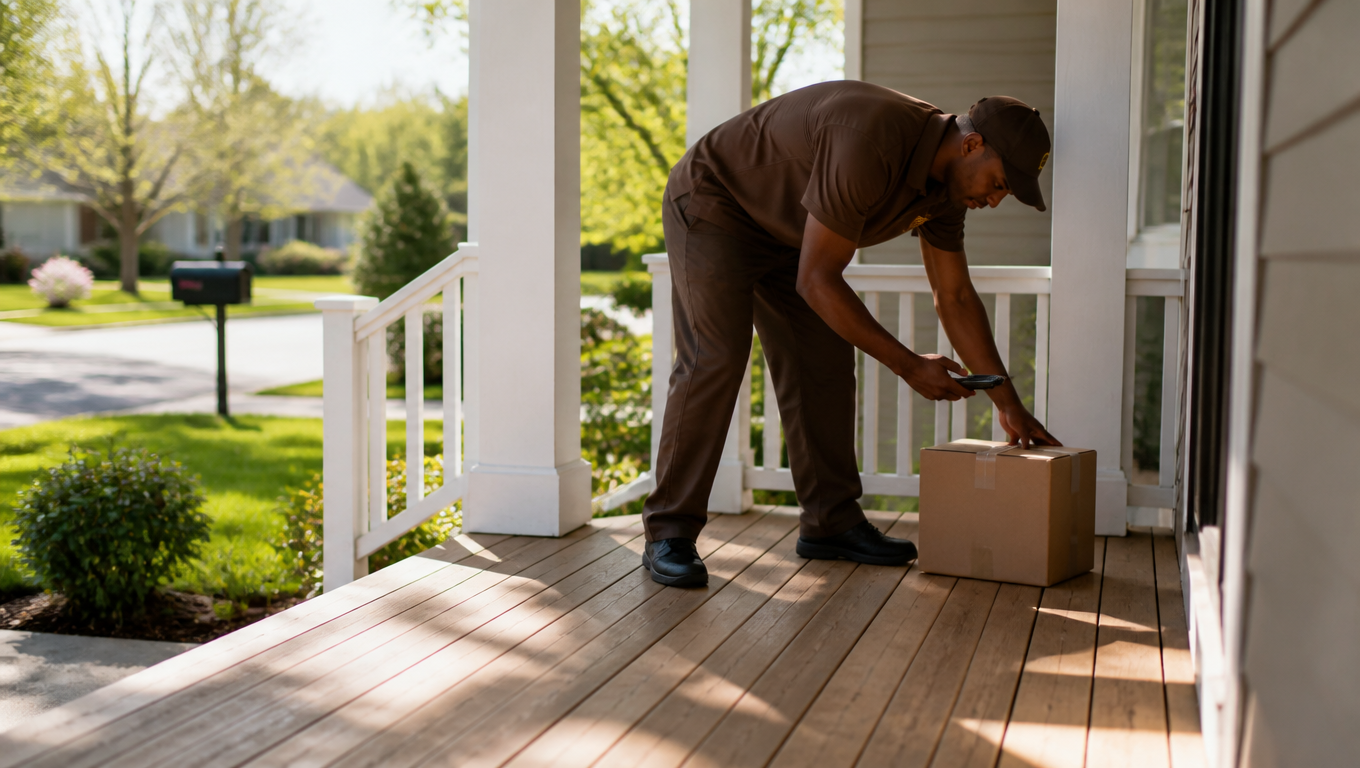 A delivery driver setting a cardboard box on a suburban US porch while photographing it with a phone