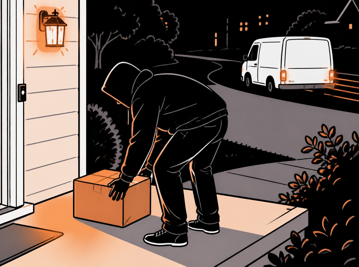 A hooded figure taking a cardboard box from a suburban porch at night as a delivery van pulls away