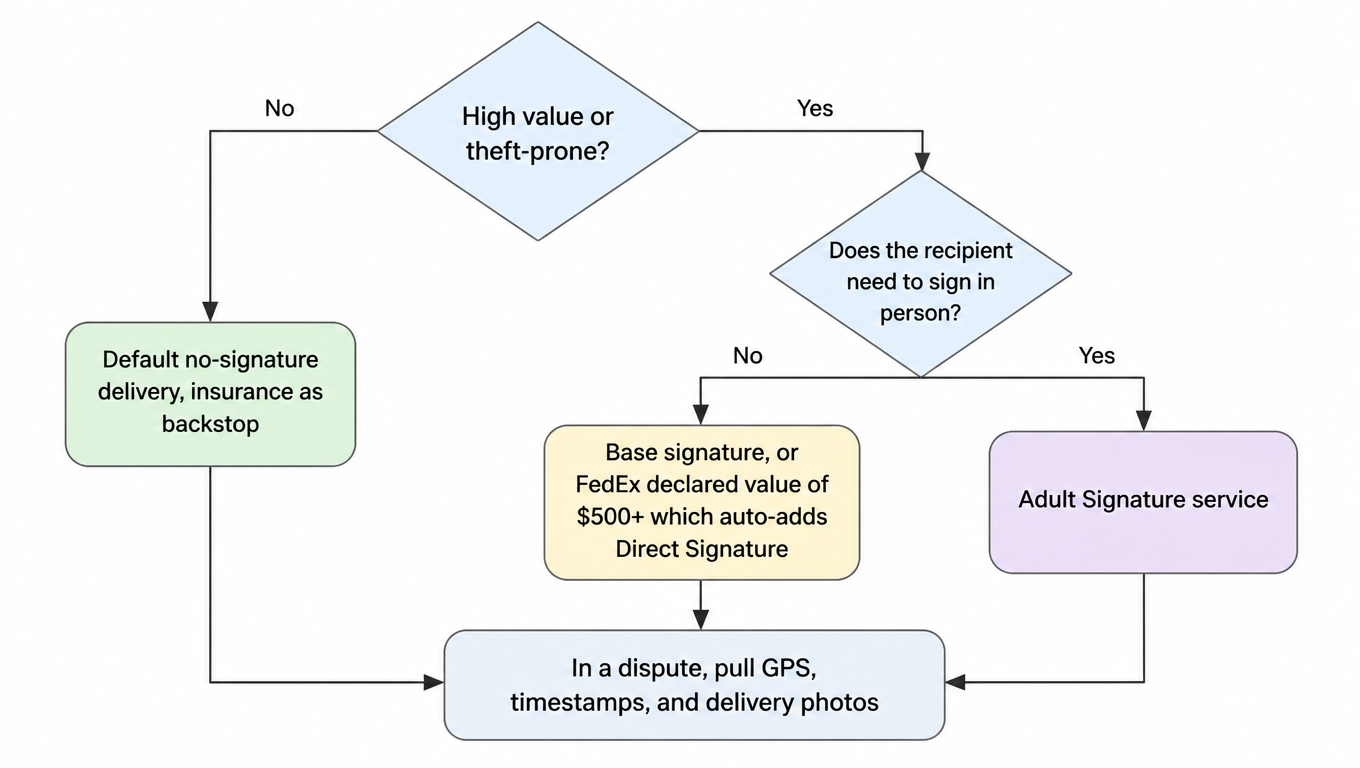 Signature decision tree: high value or theft-prone? No: default no-signature delivery plus insurance. Yes: does the recipient need to sign in person? No: base signature or FedEx declared value of $500+ adds Direct Signature free. Yes: Adult Signature