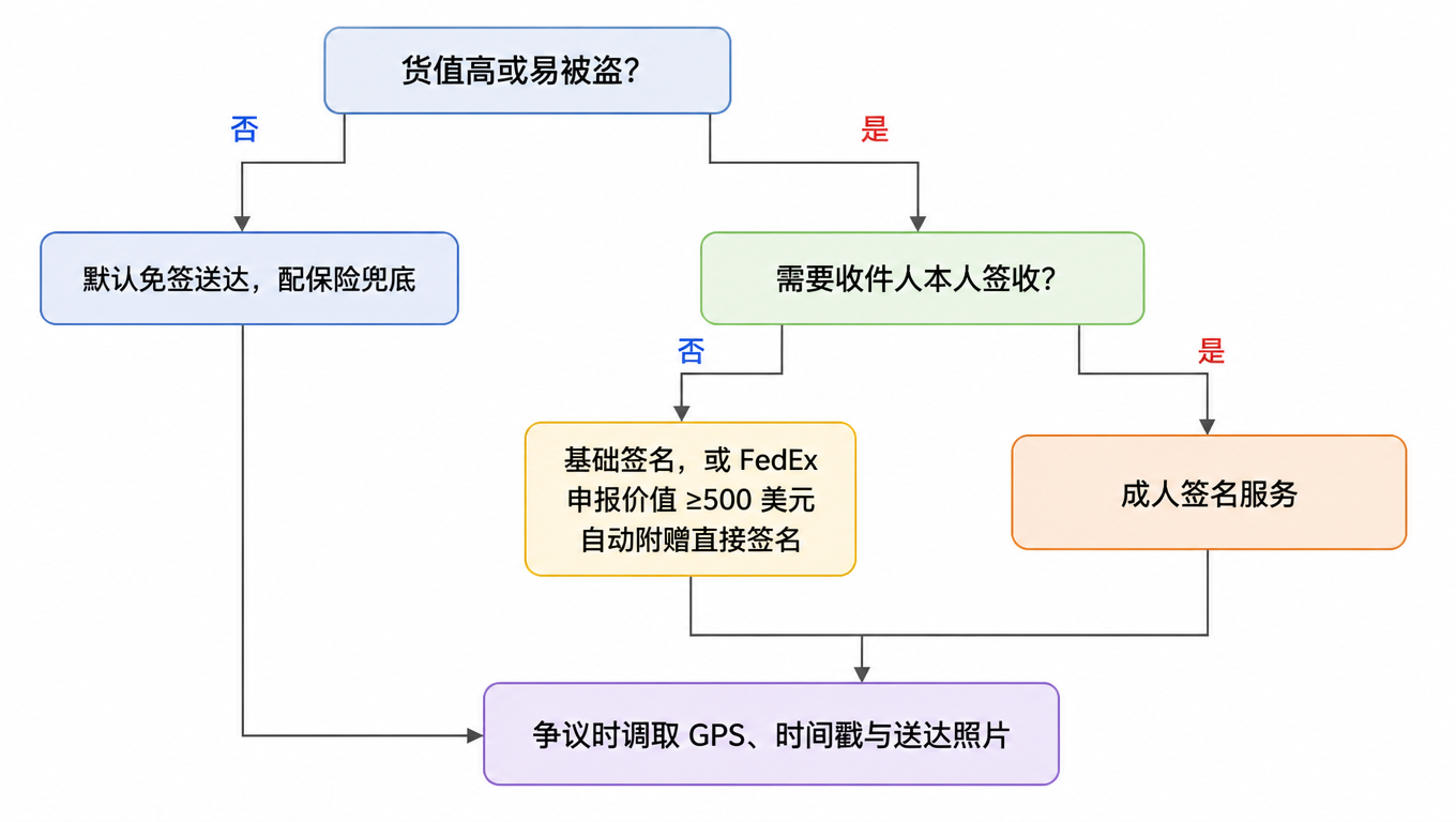 签名服务选择决策树:货值高或易被盗?否走默认免签加保险;是再看是否需要本人签收,否走基础签名或 FedEx 申报价值满 500 美元,是走成人签名