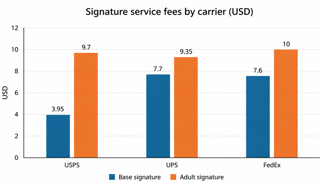 Signature service fees by carrier (USD): USPS base 3.95 adult 9.7, UPS base 7.7 adult 9.35, FedEx base 7.6 adult 10