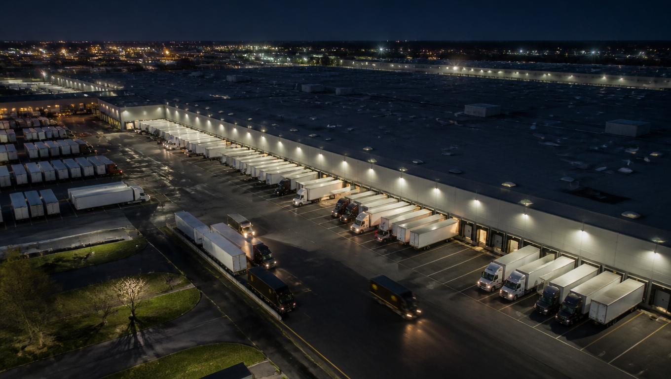Aerial night view of a major US parcel sortation hub with delivery trucks lined up at floodlit loading docks