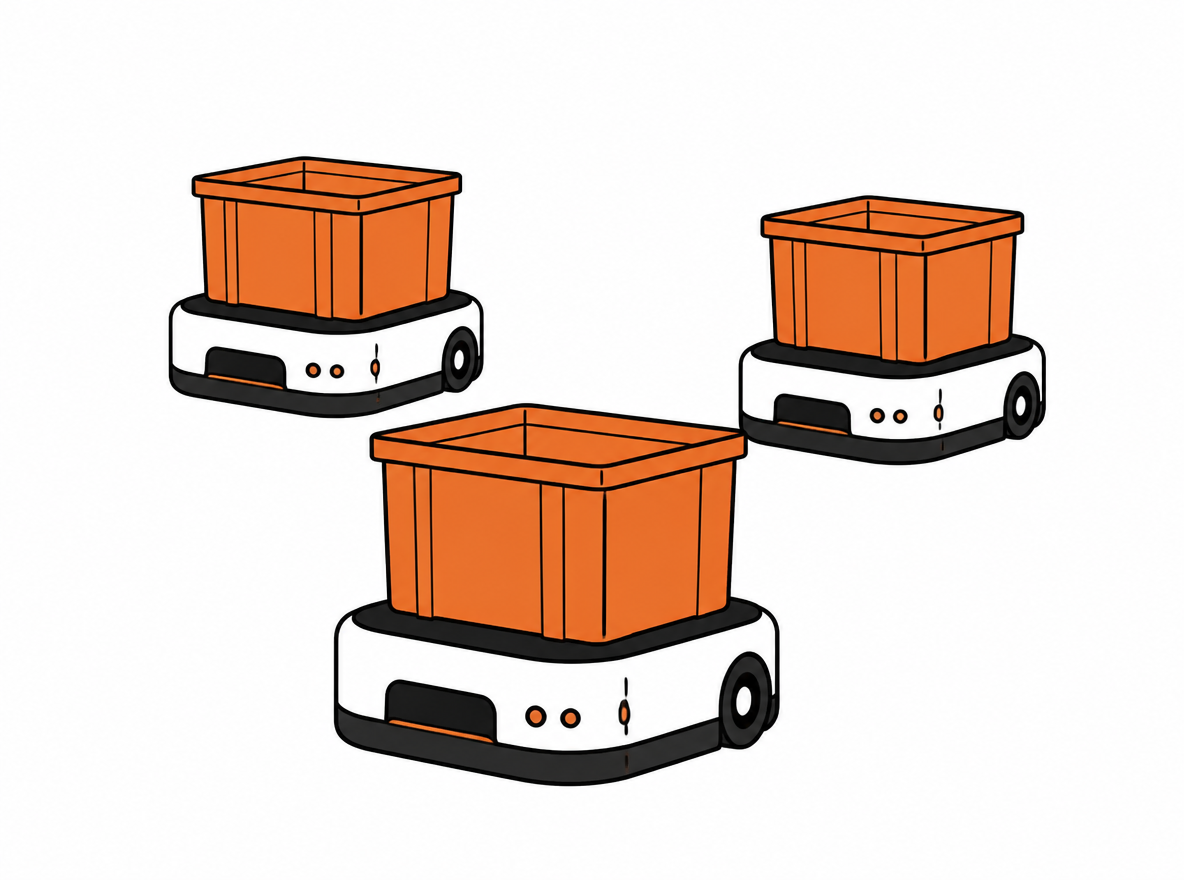 Autonomous mobile robots carrying parcel totes across the floor of a modern fulfillment center