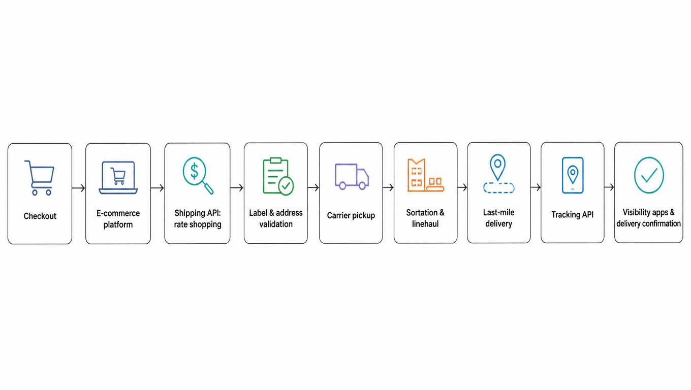 How one parcel moves through the stack: checkout, e-commerce platform, shipping API rate shopping, label and address validation, carrier pickup, sortation and linehaul, last-mile delivery, tracking API, visibility apps and delivery confirmation