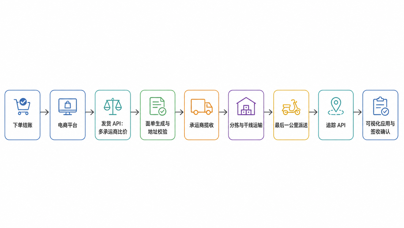 一票包裹穿过技术栈:结账 → 电商平台 → 发货 API 比价 → 面单与地址校验 → 承运商揽收 → 分拣与干线 → 最后一公里派送 → 追踪 API → 可视化应用与签收确认