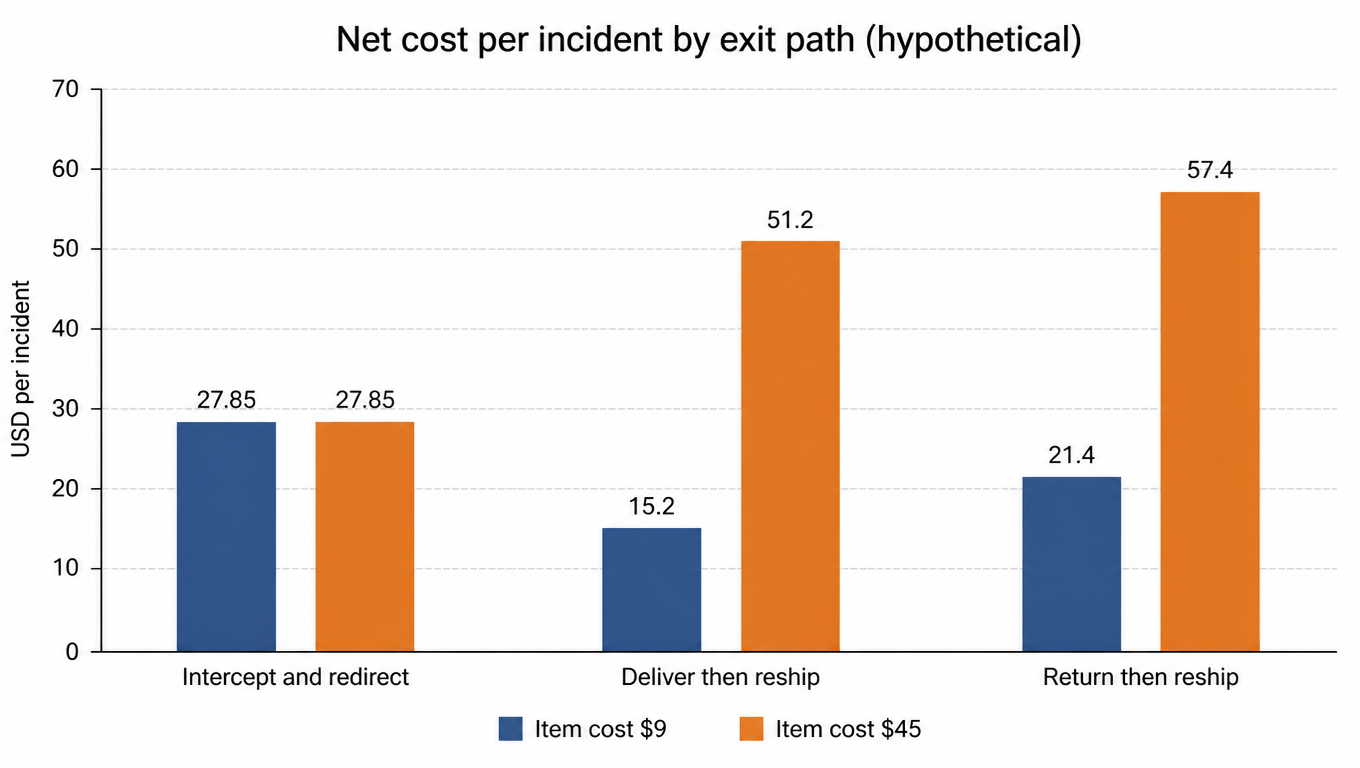 Grouped bar chart comparing net cost per incident for three exits, intercept and redirect, deliver then reship, and return then reship, at item costs of 9 and 45 dollars: 27.85, 15.20 and 21.40 in the first case and 27.85, 51.20 and 57.40 in the second, with the intercept bar unchanged by item value