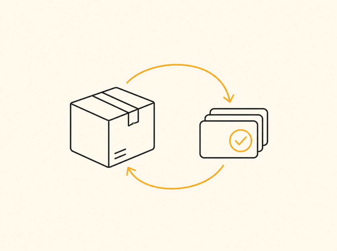 Minimal line illustration: a parcel box on the left, an arrow curving out and looping back into a small stack of index cards on the right, one card marked with a small check, plenty of white space, thin uniform strokes and a single warm accent.
