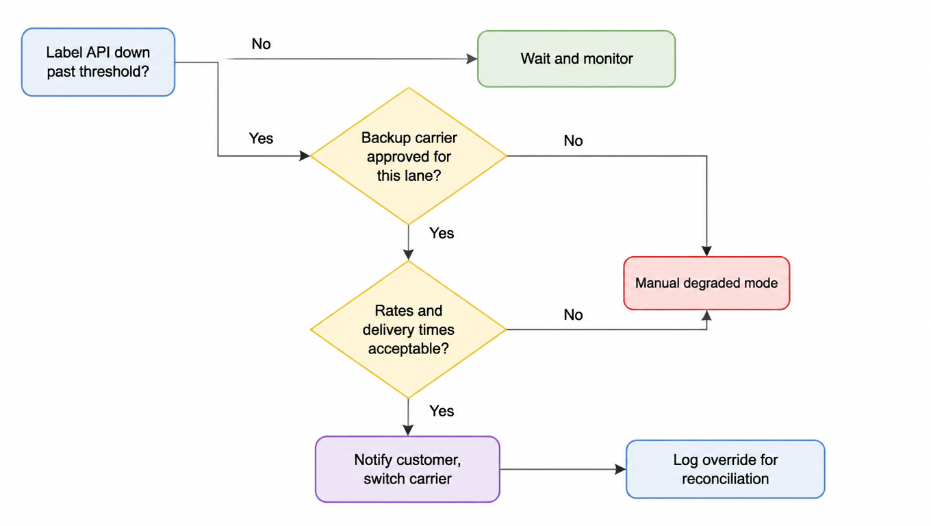 Decision flowchart for switching to a backup carrier: past threshold, carrier approved for the lane, and acceptable rates and delivery times gate the switch, otherwise manual degraded mode