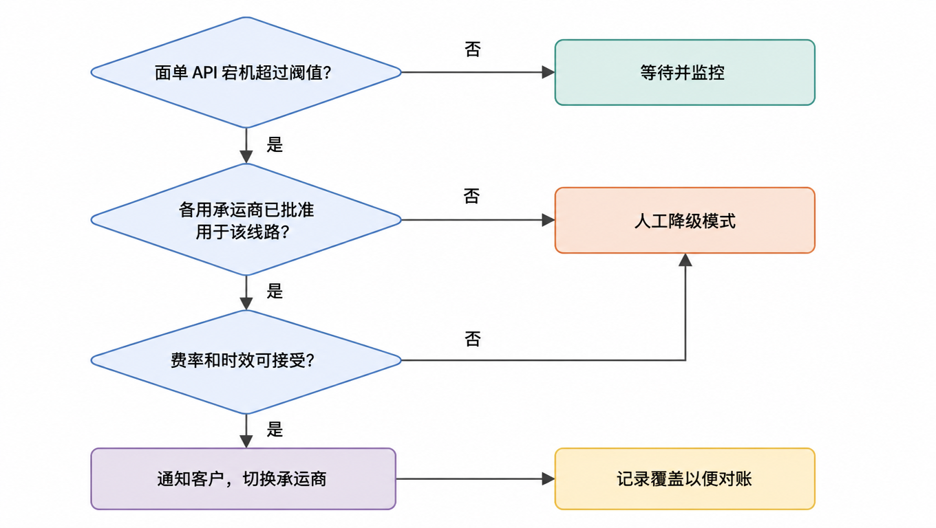 备用承运商切换决策流程图:宕机超阈值、备用承运商已批准、费率和时效可接受三个判断依次通过后才切换,否则走人工降级模式