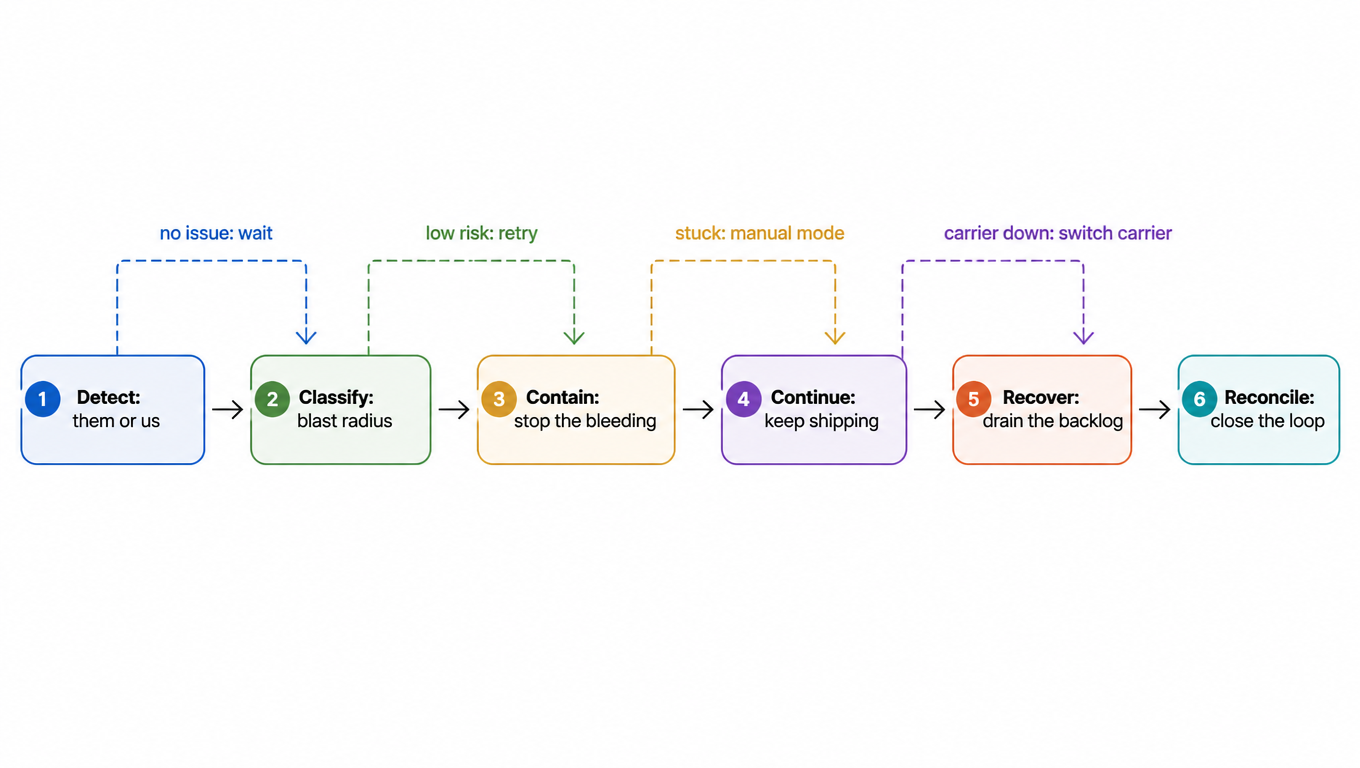 Flowchart of the six phases: Detect, Classify, Contain, Continue, Recover, Reconcile, with the wait, retry, manual mode and switch-carrier exits marked between stages
