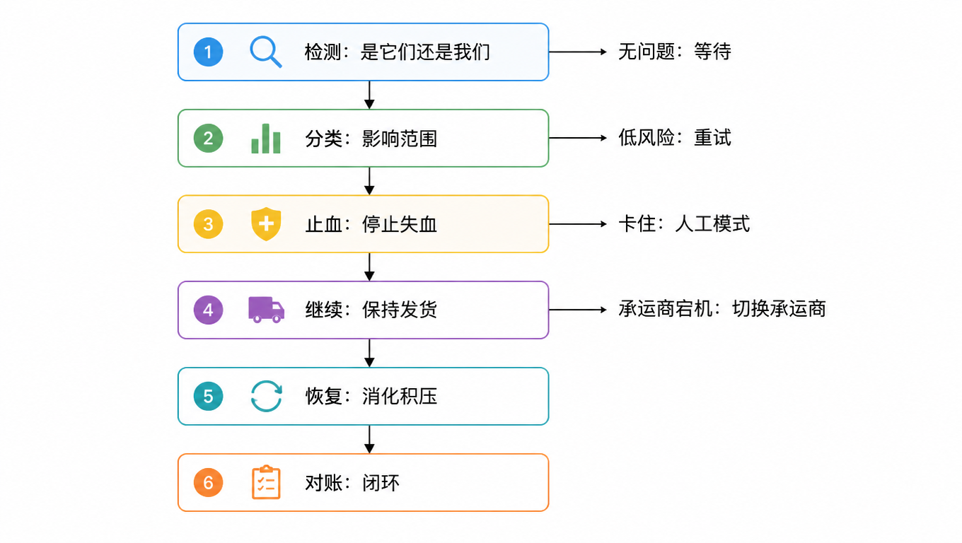 六阶段流程图:检测、分类、止血、继续、恢复、对账,各阶段间标出等待、重试、人工模式、切换承运商四个出口