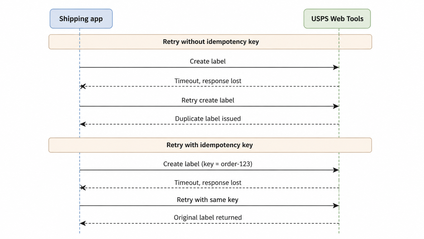 Sequence diagram of idempotent retry: a blind retry mints a duplicate label, a same-key retry returns the original label