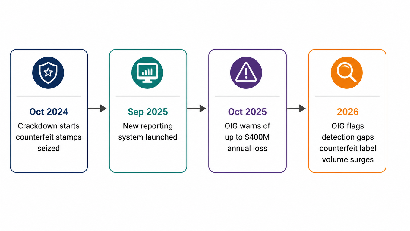 Timeline of enforcement escalation: Oct 2024 crackdown starts, Sep 2025 new reporting system, Oct 2025 OIG warns of $400M annual loss, 2026 OIG flags detection gaps