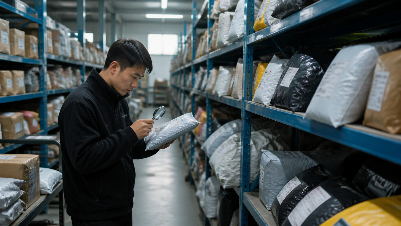 Rows of cross-border small parcels stacked on warehouse shelves while a worker inspects a shipping label with a magnifying glass