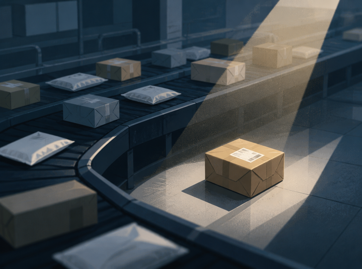 Inside a parcel sorting center, one labeled parcel set aside alone while other parcels move along the conveyor