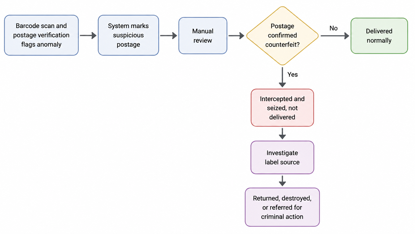 Flowchart of enforcement: barcode scan and postage verification flags anomaly, system marks suspicious postage, manual review, if confirmed counterfeit then intercepted and seized, then investigate label source, returned, destroyed, or referred for criminal action
