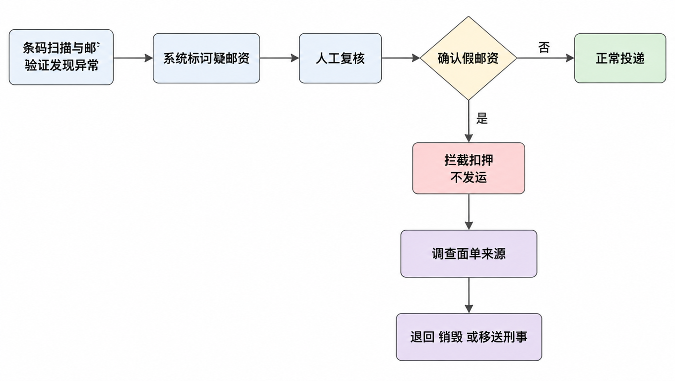 执法流程图:条码扫描与邮资验证发现异常,系统标记可疑邮资,人工复核,确认假邮资则拦截扣押并发运,再调查面单来源,退回销毁或移送刑事