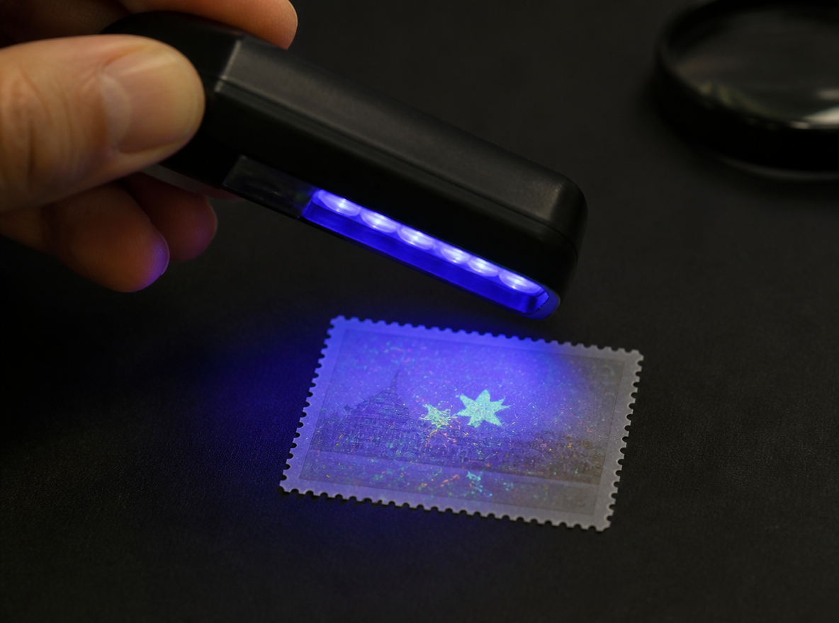 A hand holding an ultraviolet lamp over a stamp, the stamp showing fluorescent security marks, dark workbench background