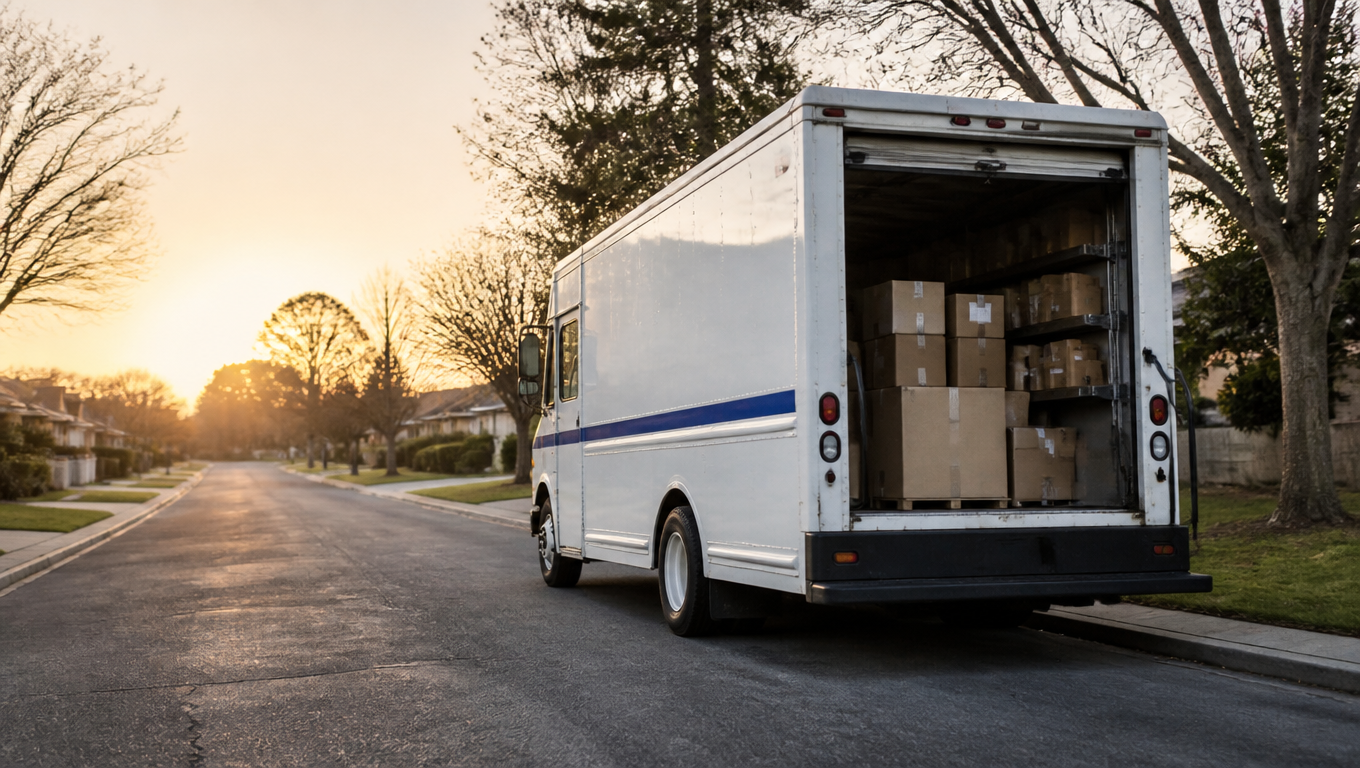 White delivery van with blue stripes and an open cargo area of parcels on a suburban street at dawn.