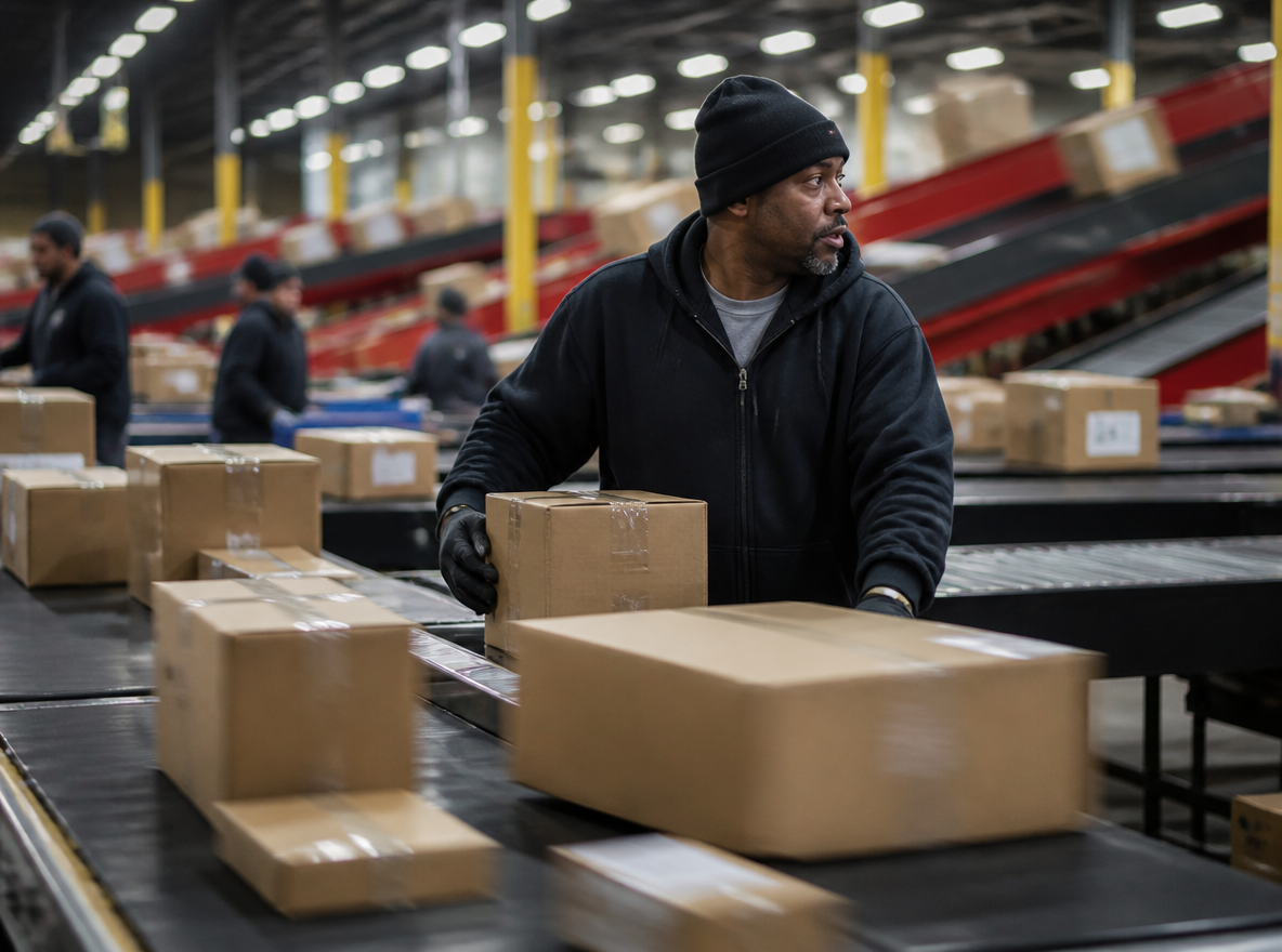 Workers move parcels along conveyors in a large sorting center.
