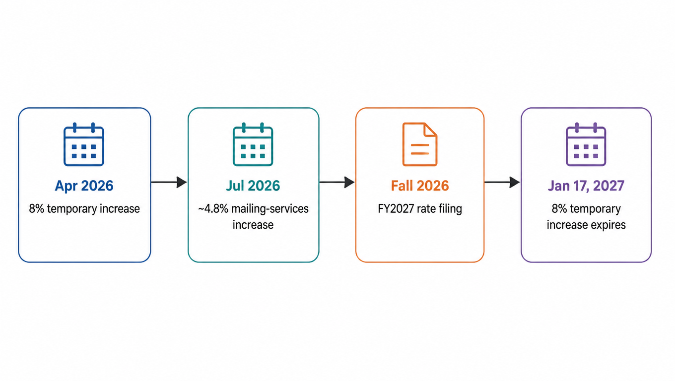 USPS rate timeline: Apr 2026 8% temporary increase takes effect, Jul 2026 ~4.8% mailing-services increase, Fall 2026 FY2027 rate filing, Jan 17 2027 8% temporary increase expires
