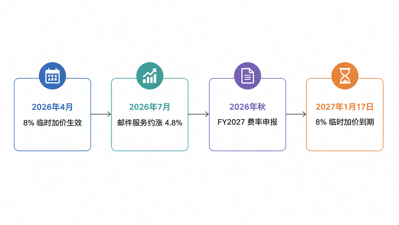USPS 费率时间线:2026年4月 8% 临时加价生效,2026年7月 邮件服务约涨 4.8%,2026年秋 FY2027 费率申报,2027年1月17日 8% 临时加价到期