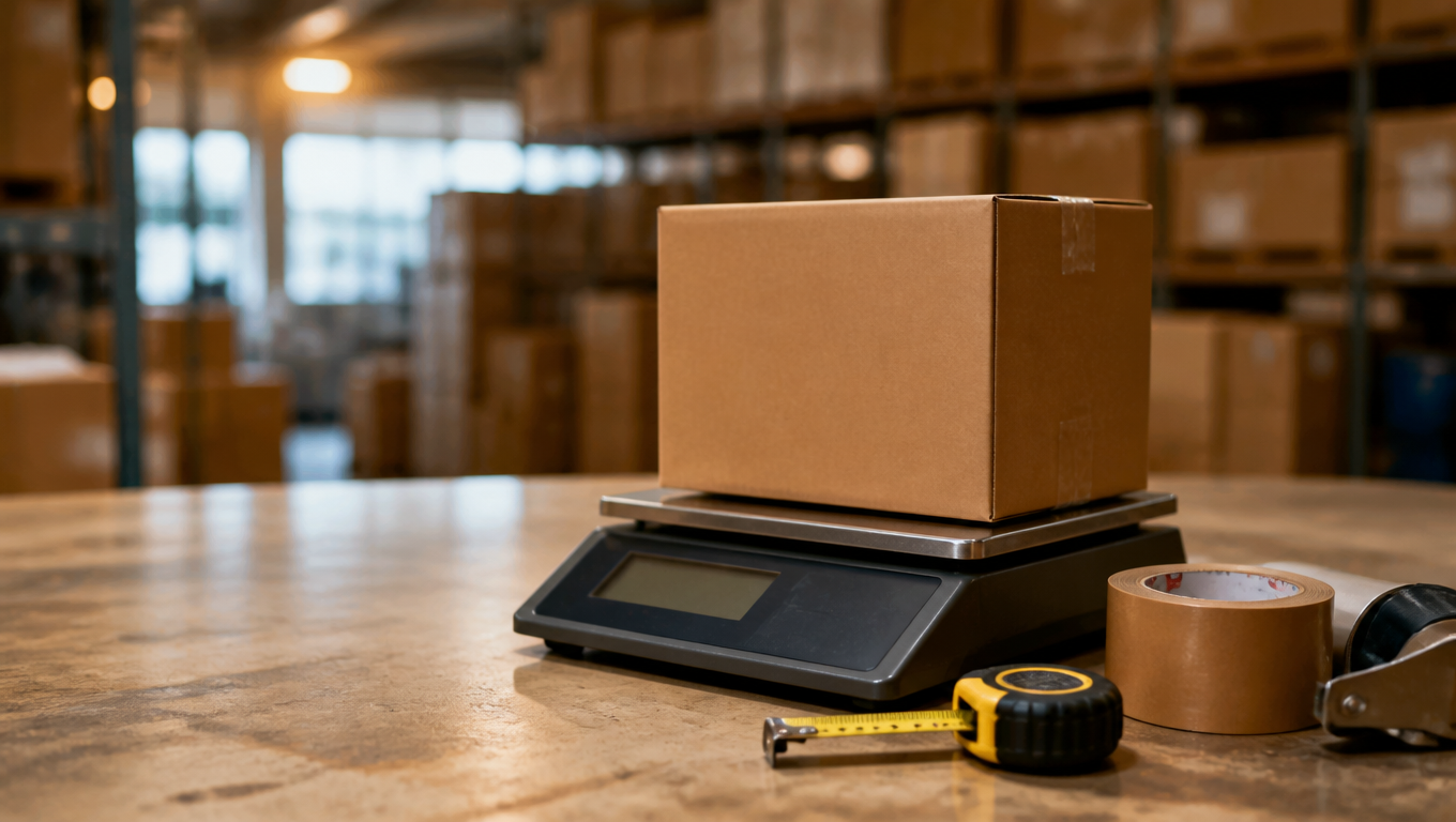 A kraft shipping box being weighed on a scale at a warehouse workbench, with a tape measure and packing tape nearby
