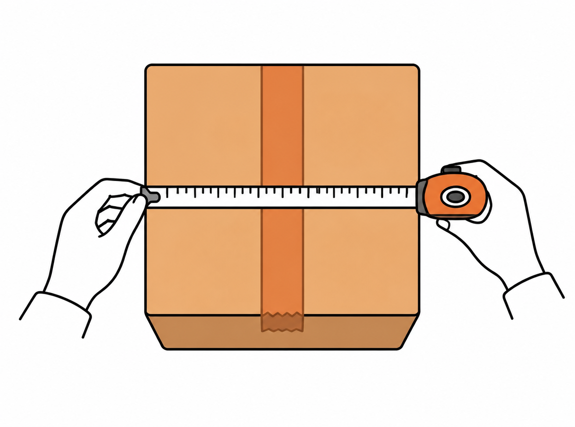 Top-down illustration of measuring a box length, width, and height with a tape measure