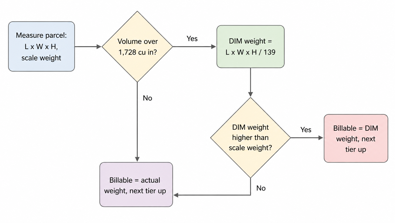 Flowchart: measure parcel and weigh it, volume over 1728 cu in? no bills actual weight next tier, yes computes DIM weight = L x W x H / 139, then checks DIM vs scale weight, bills the greater