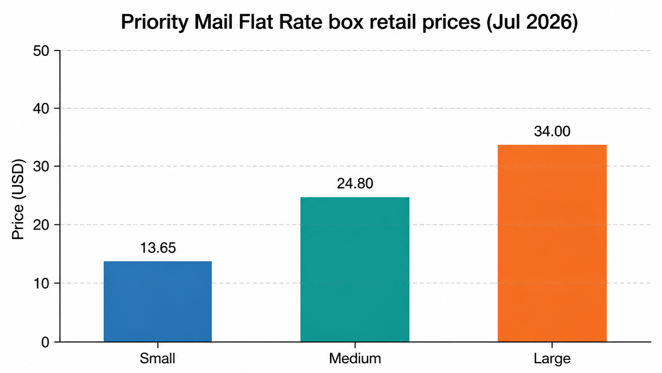 Bar chart: Priority Mail Flat Rate box retail prices, Small $13.65, Medium $24.80, Large $34.00 (Jul 2026)