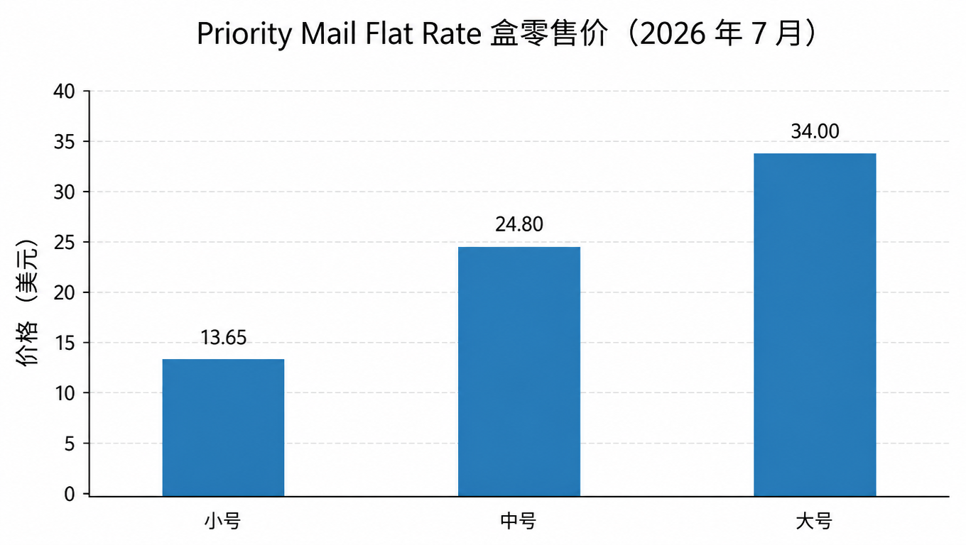 柱状图:Priority Mail Flat Rate 盒零售价,小号 13.65 美元、中号 24.80 美元、大号 34.00 美元(2026 年 7 月)