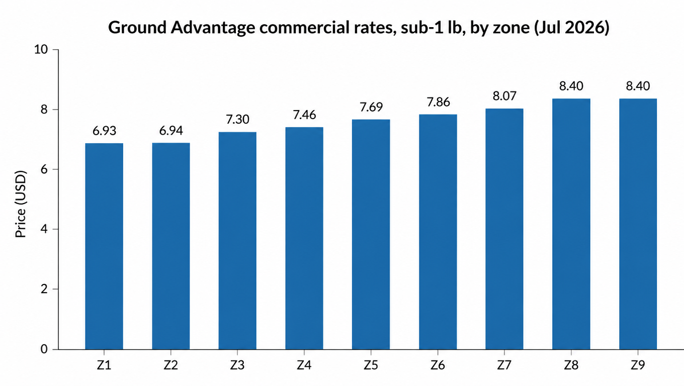 Bar chart: Ground Advantage commercial rates under 1 lb by zone, from $6.93 in Z1 to $8.40 in Z8/Z9 (Jul 2026)