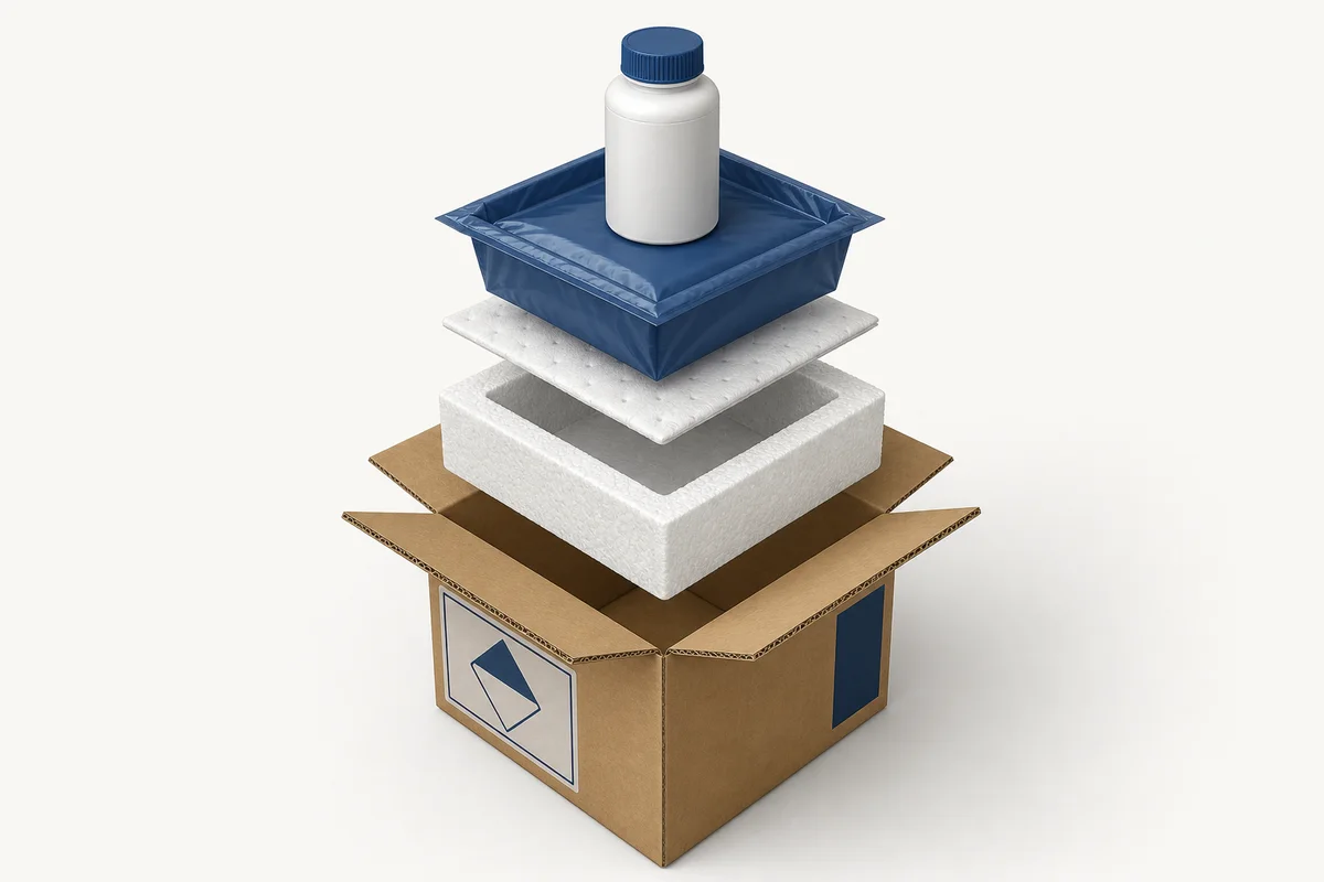 Exploded view of a protected inner receptacle, secondary containment, cushioning, and rigid corrugated outer carton