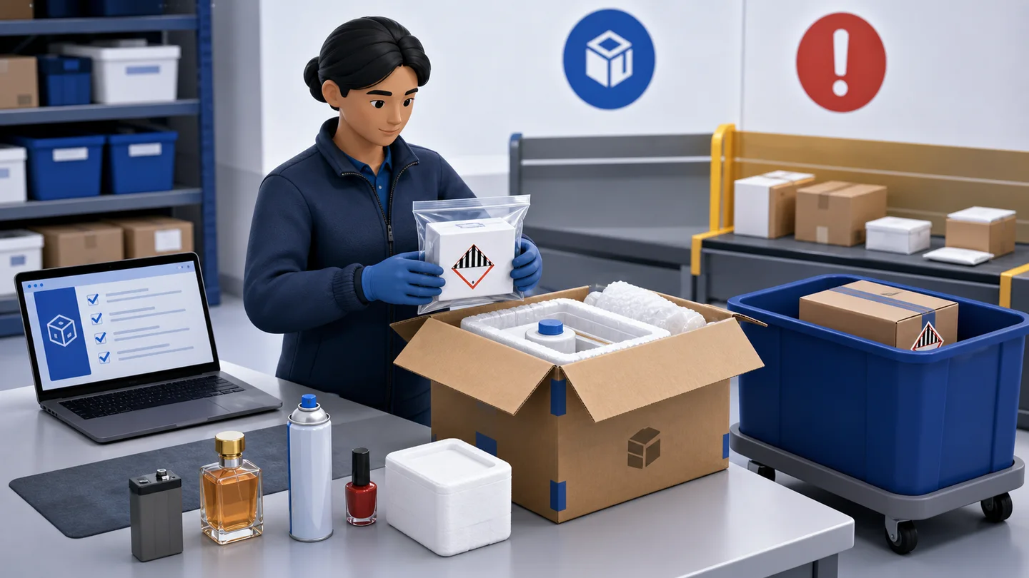 A warehouse specialist inspecting protected hazardous-material packaging and separating the parcel from ordinary shipments