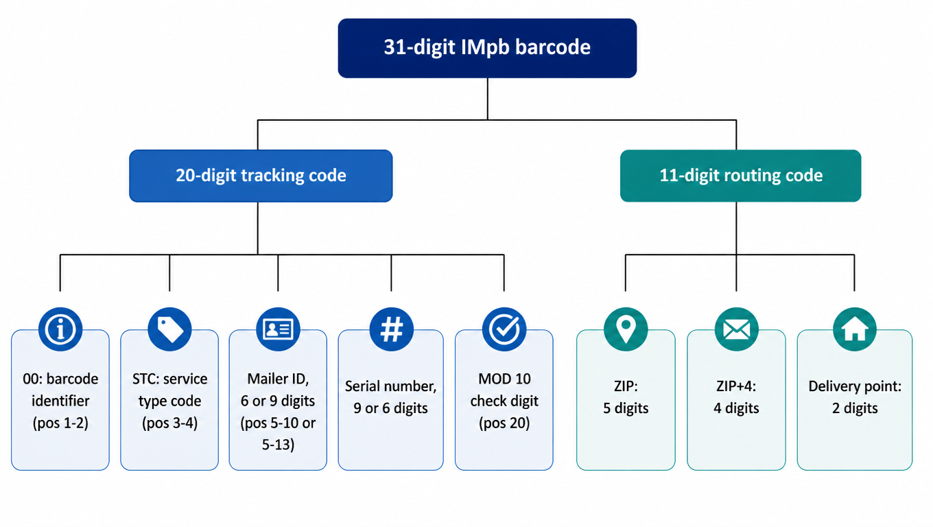 31-digit IMpb barcode structure: a 20-digit tracking code made of barcode identifier 00, STC service type code, Mailer ID, serial number and MOD 10 check digit, plus an 11-digit routing code of ZIP, ZIP+4 and delivery point