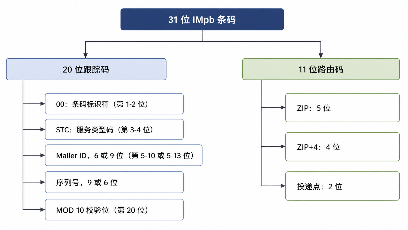 31 位 IMpb 条码结构图:20 位跟踪码由条码标识符 00、STC 服务类型码、Mailer ID、序列号和 MOD 10 校验位组成,11 位路由码由 ZIP、ZIP+4 和投递点组成